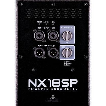 NX18SP amplifier panel detail with L/R combo inputs, XLR link outputs, sub level knob and 3-position voicing mode selector, Yorkville