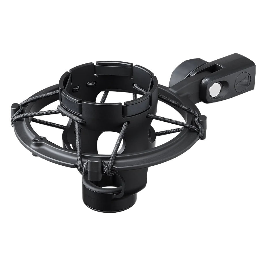 AT8449a shock mount angled view showing elastic suspension bands, cradle basket and swivel stand adapter, Audio-Technica