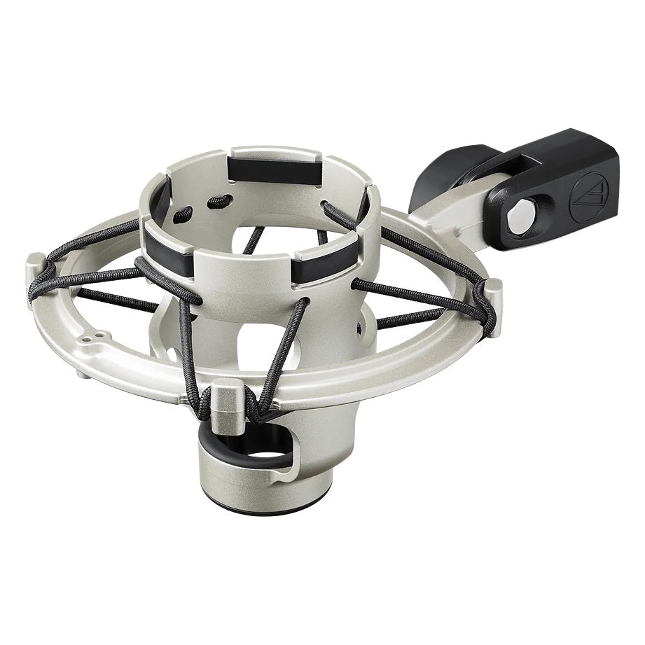 AT8449a/SV shock mount for 40 Series studio microphones in silver, angled three-quarter view showing elastic suspension bands, cradle ring and black stand-adapter lever, Audio-Technica