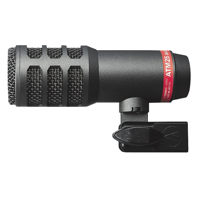 ATM25 side profile view showing ATM25 red model badge, rear XLR connector and pivoting clamp mount, Audio-Technica