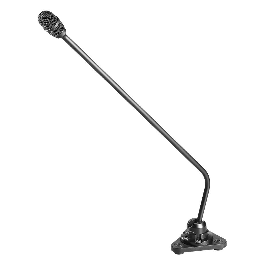 ES905CLa cardioid condenser gooseneck microphone full side view on triangular surface-mount flange base, Audio-Technica