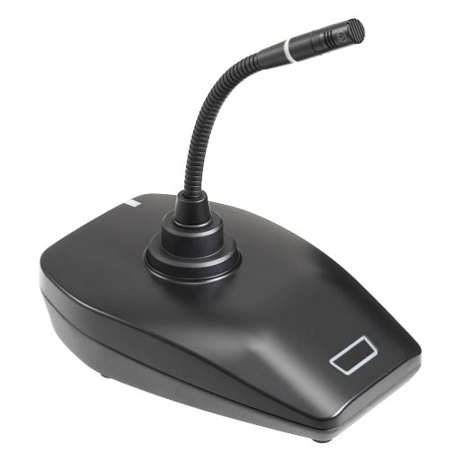 ESW-T4107/925H6 ES Series wireless desk stand transmitter angled view showing black gooseneck microphone and illuminated talk switch on base, Audio-Technica