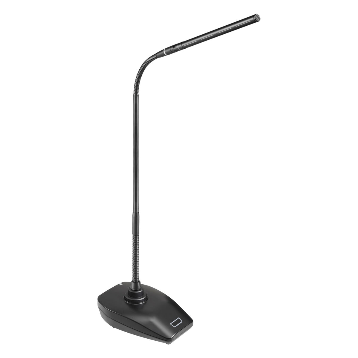 ESW-T4107/925ML18 ES Series wireless desk stand transmitter angled view with 18" dual-flex gooseneck and illuminated touch switch on black base, Audio-Technica