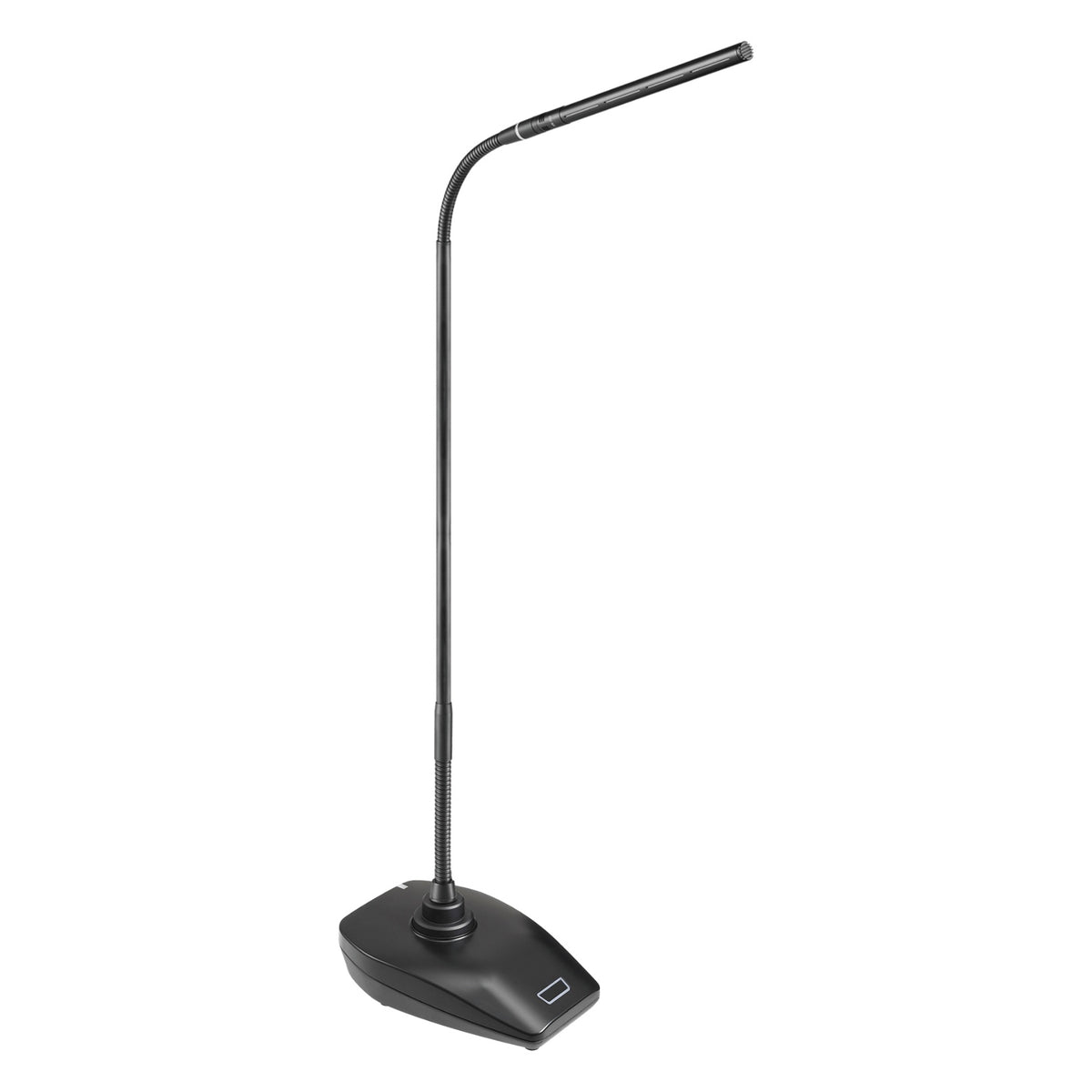 ESW-T4107/925ML21 wireless desk stand transmitter three-quarter view with ES925ML21 gooseneck microphone and illuminated touch switch on base, Audio-Technica