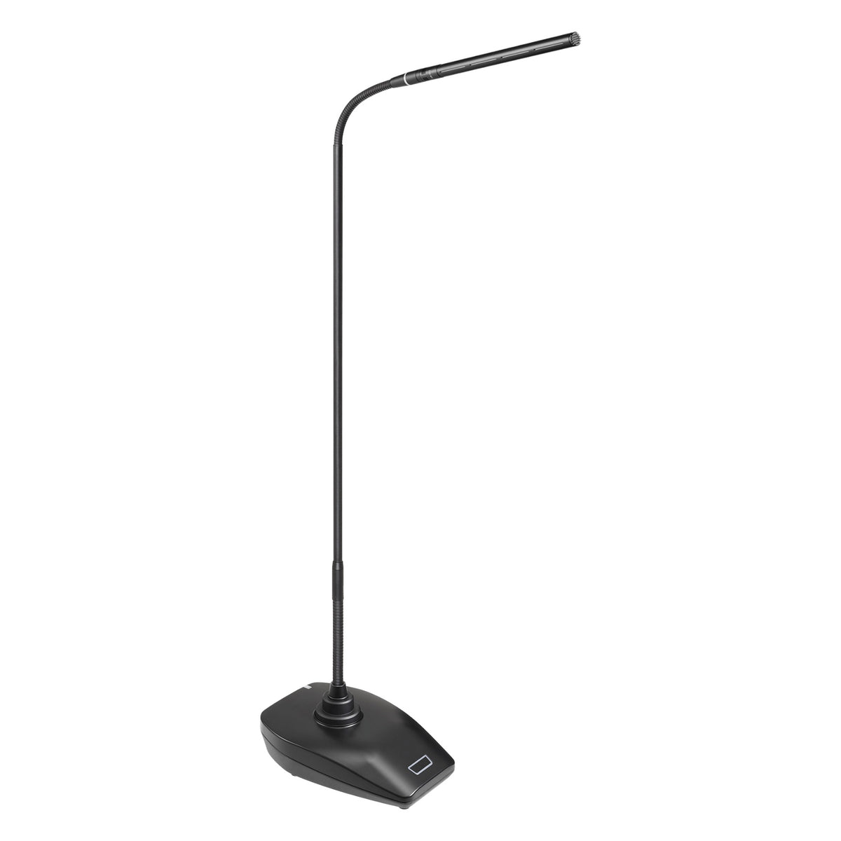 ESW-T4107/925ML24 wireless desk stand transmitter angled full view with 24in gooseneck microphone and illuminated mute switch on black base, Audio-Technica