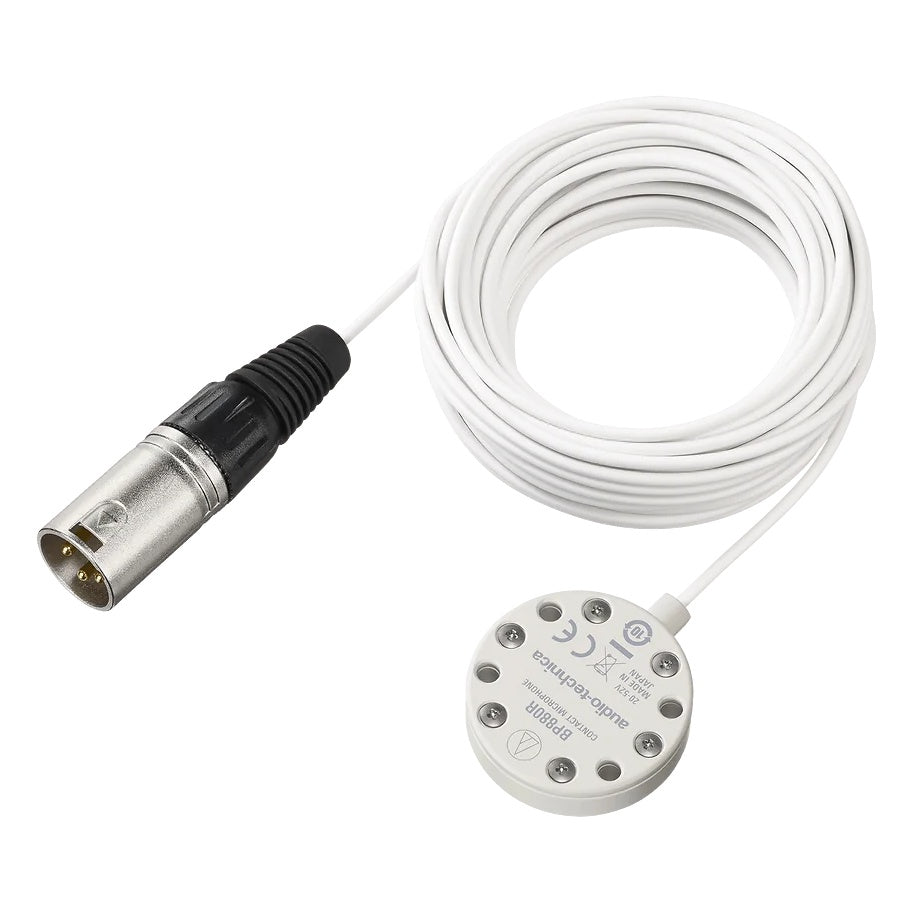BP880R contact microphone shown with coiled white cable and attached silver 3-pin XLR connector, Audio-Technica