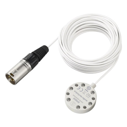 BP880R contact microphone shown with coiled white cable and attached silver 3-pin XLR connector, Audio-Technica
