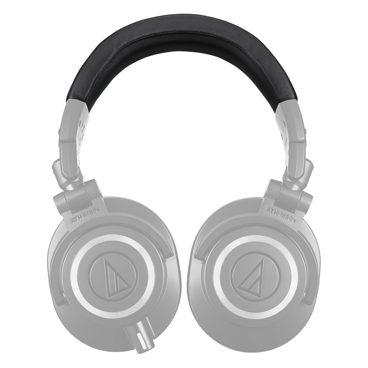 ATH-M50x headphones front view showing the leather headband pad fitted above swiveling earcups, Audio-Technica