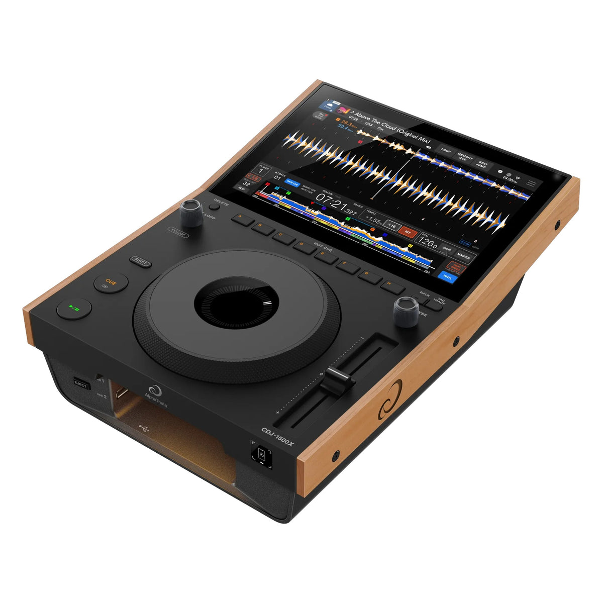 WSP-1500X natural alder wood side panels fitted to a CDJ-1500X, angled view showing jog wheel, touchscreen waveform display and tempo fader, AlphaTheta