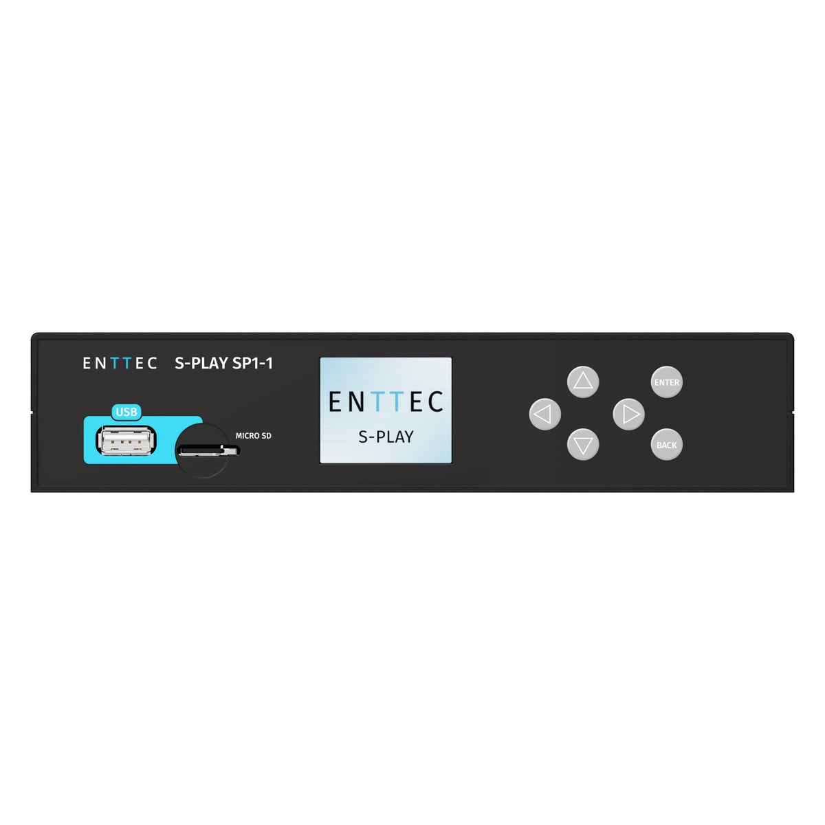 S-Play SP1-1 front panel detail with USB port, micro SD slot, LCD display and five-button navigation pad, Enttec