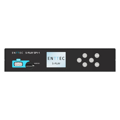 S-Play SP1-1 front panel detail with USB port, micro SD slot, LCD display and five-button navigation pad, Enttec