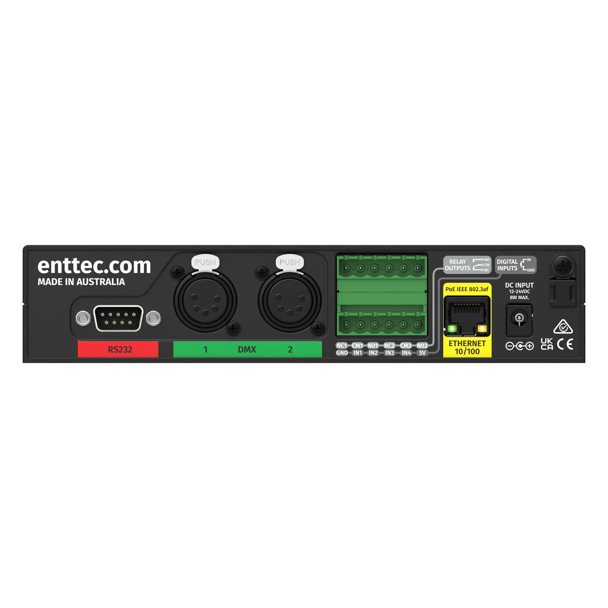 S-Play SP1-1 rear panel showing RS232 DB9, two DMX XLR ports, green Phoenix relay and digital I/O terminals, PoE Ethernet and DC input, Enttec