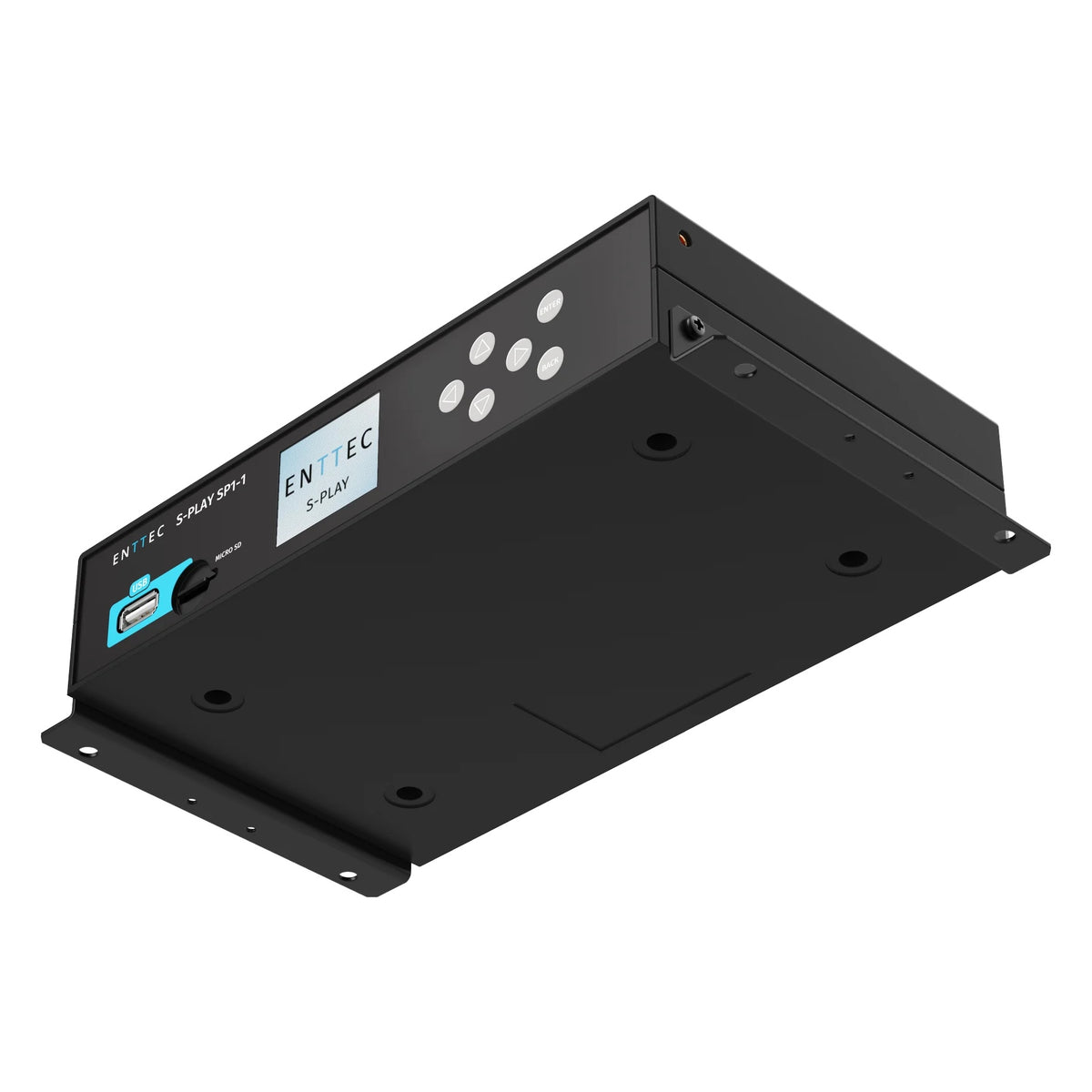 S-Play SP1-1 isometric bottom view with surface-mount bracket plate and screw holes fitted, Enttec