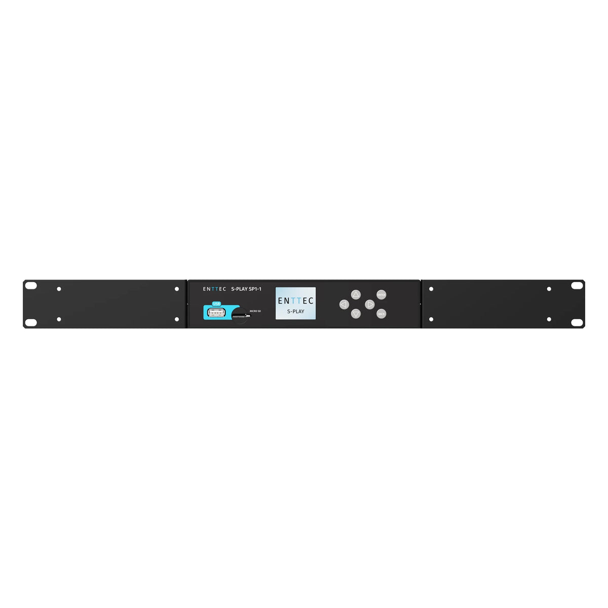 S-Play SP1-1 installed in 1U rack mount kit, front view with rack ears and center-mounted control panel, Enttec