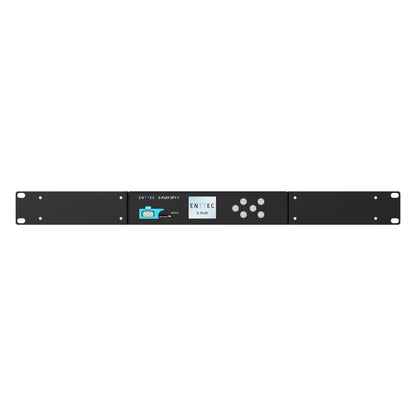 S-Play SP1-1 installed in 1U rack mount kit, front view with rack ears and center-mounted control panel, Enttec