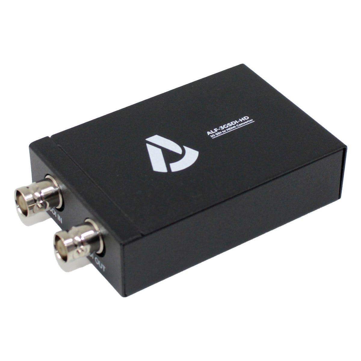 ALF-3GSDI-HD SDI to HDMI converter angled view showing black steel chassis and two BNC connectors, Alfatron Electronics