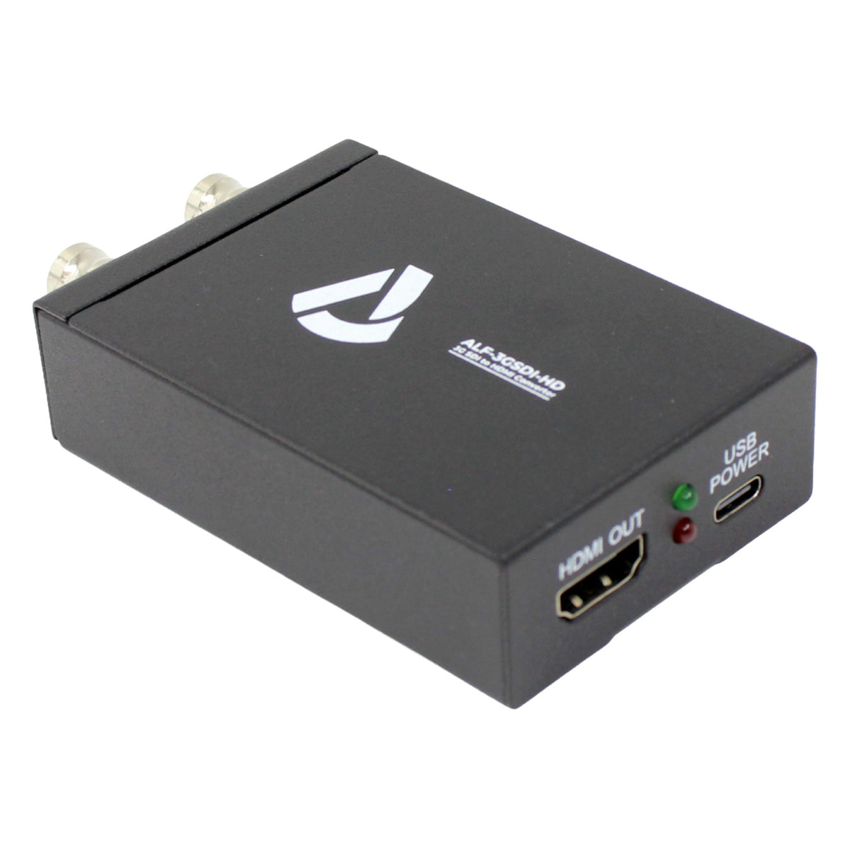 ALF-3GSDI-HD converter angled view of output end with HDMI OUT, status LEDs and USB-C power port, Alfatron Electronics