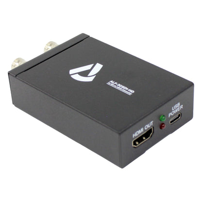 ALF-3GSDI-HD converter angled view of output end with HDMI OUT, status LEDs and USB-C power port, Alfatron Electronics