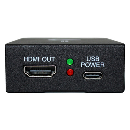 ALF-3GSDI-HD front panel detail with HDMI OUT jack, green and red indicator LEDs and USB-C power input, Alfatron Electronics