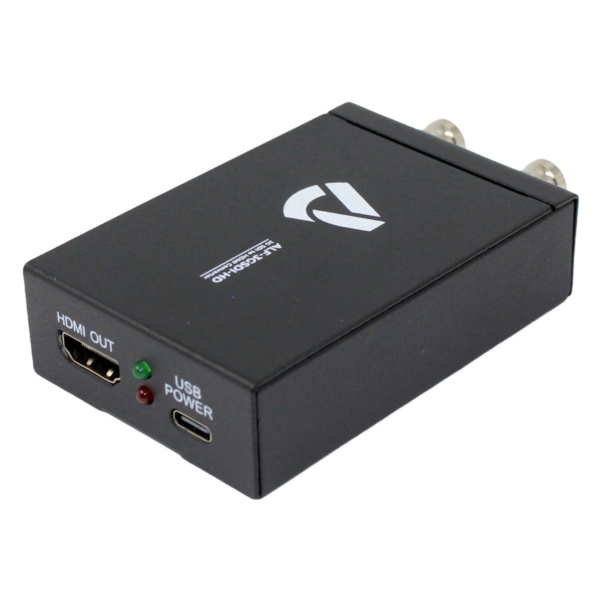 ALF-3GSDI-HD converter angled top view with HDMI output end forward and BNC connectors at rear, Alfatron Electronics