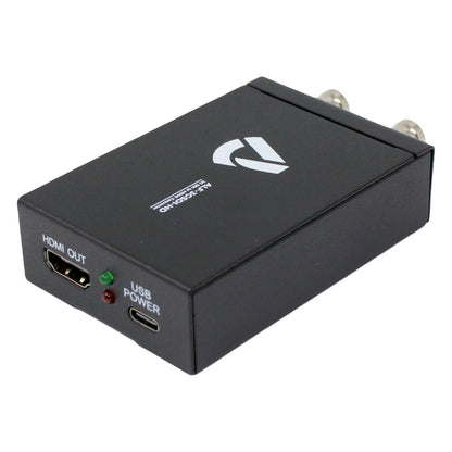 ALF-3GSDI-HD converter angled top view with HDMI output end forward and BNC connectors at rear, Alfatron Electronics