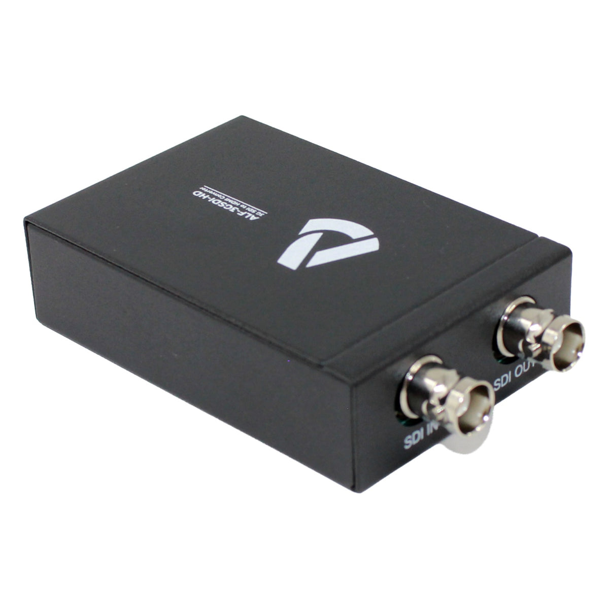 ALF-3GSDI-HD converter angled view highlighting labeled SDI IN and SDI OUT BNC jacks, Alfatron Electronics