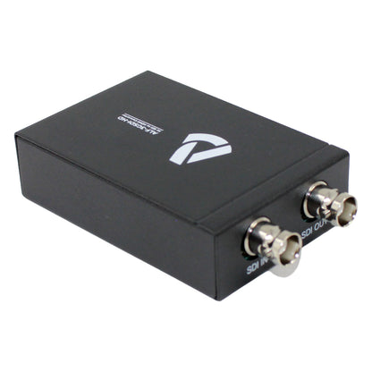 ALF-3GSDI-HD converter angled view highlighting labeled SDI IN and SDI OUT BNC jacks, Alfatron Electronics