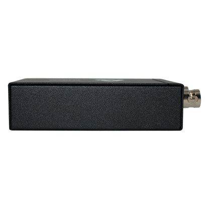 ALF-3GSDI-HD side profile showing low-profile textured black enclosure and protruding BNC connector, Alfatron Electronics