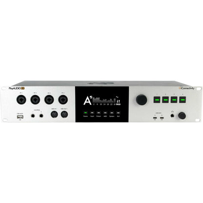 PlayAUDIO2D front view showing four combo XLR/TRS inputs, central color display with scene buttons and illuminated green channel buttons, iConnectivity