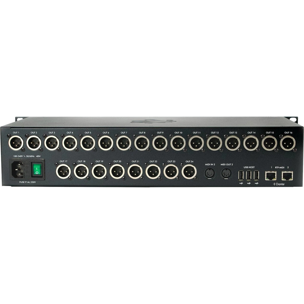 PlayAUDIO2D rear panel showing 24 XLR outputs, IEC power inlet with switch, MIDI in and out, USB host ports and Dante RTP-MIDI network ports, iConnectivity