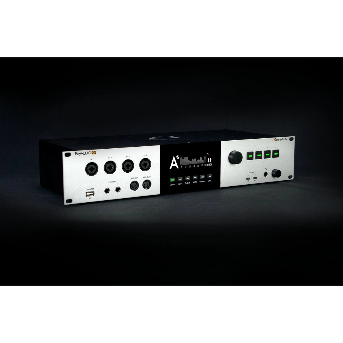 PlayAUDIO2D angled front three-quarter view on dark background showing silver faceplate, combo inputs and central display, iConnectivity