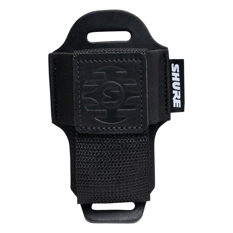 SH-BODYPACK-PBK-L bodypack transmitter pouch front view empty, showing embossed leather logo patch, woven nylon strap and Shure woven label, Gator