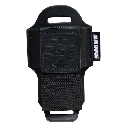SH-BODYPACK-PBK-L bodypack transmitter pouch front view empty, showing embossed leather logo patch, woven nylon strap and Shure woven label, Gator