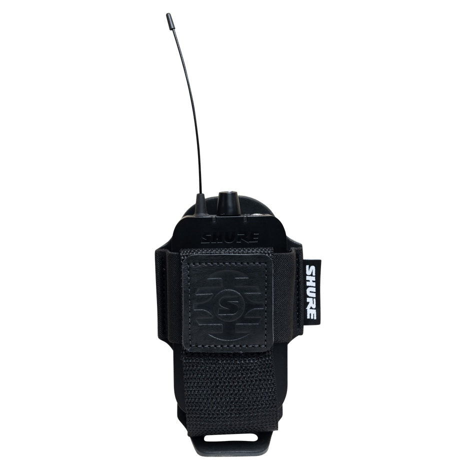 SH-BODYPACK-PBK-L bodypack transmitter pouch front view with wireless bodypack and antenna fitted, held by elastic strap and leather patch, Gator