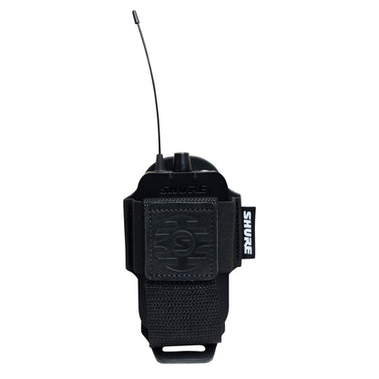 SH-BODYPACK-PBK-L bodypack transmitter pouch front view with wireless bodypack and antenna fitted, held by elastic strap and leather patch, Gator