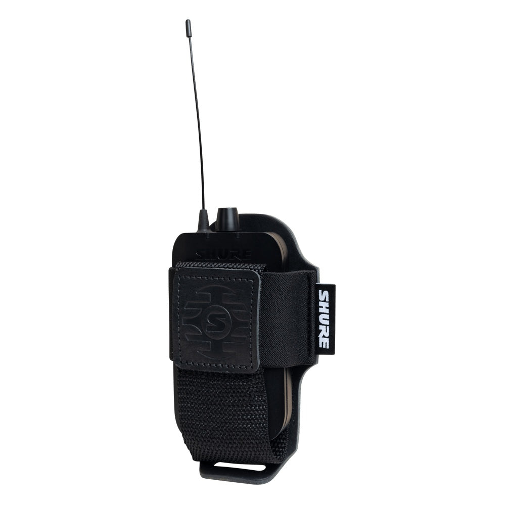 SH-BODYPACK-PBK-L bodypack transmitter pouch angled three-quarter view holding bodypack with antenna and control knob visible, Gator