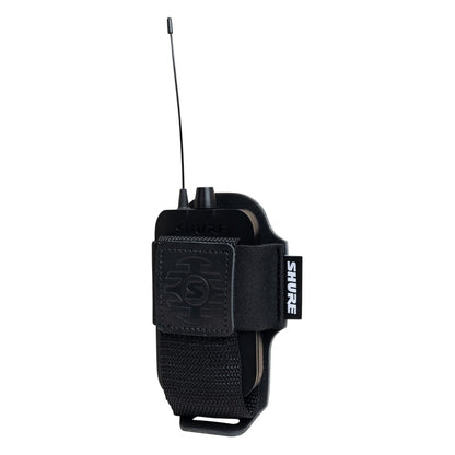 SH-BODYPACK-PBK-L bodypack transmitter pouch angled three-quarter view holding bodypack with antenna and control knob visible, Gator