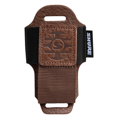 SH-BODYPACK-PBN-L bodypack pouch front view, empty, with embossed Shure logo leather patch, black elastic band and brown woven strap, Gator