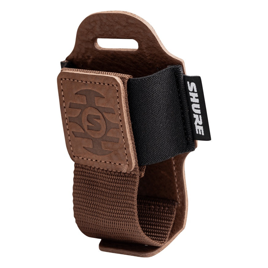 SH-BODYPACK-PBN-L bodypack pouch angled three-quarter view, empty, showing open pocket, leather top slot and black elastic band with Shure tag, Gator