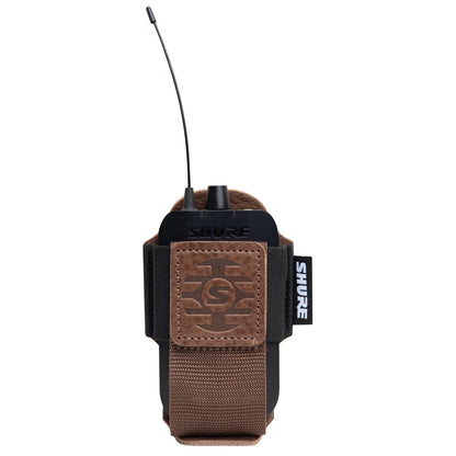 SH-BODYPACK-PBN-L bodypack pouch front view holding a Shure wireless bodypack transmitter with antenna and top knob visible, Gator
