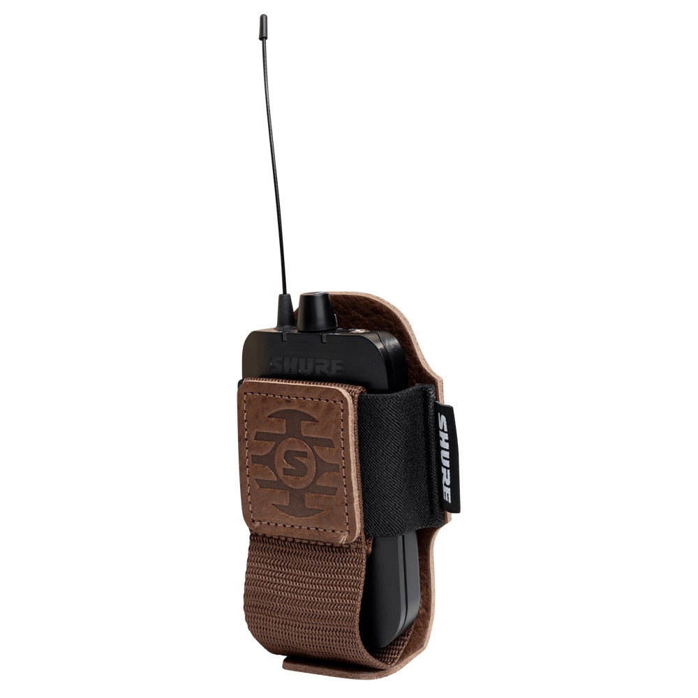 SH-BODYPACK-PBN-L bodypack pouch angled view with Shure bodypack transmitter secured by the elastic band and brown strap, antenna pointing up, Gator