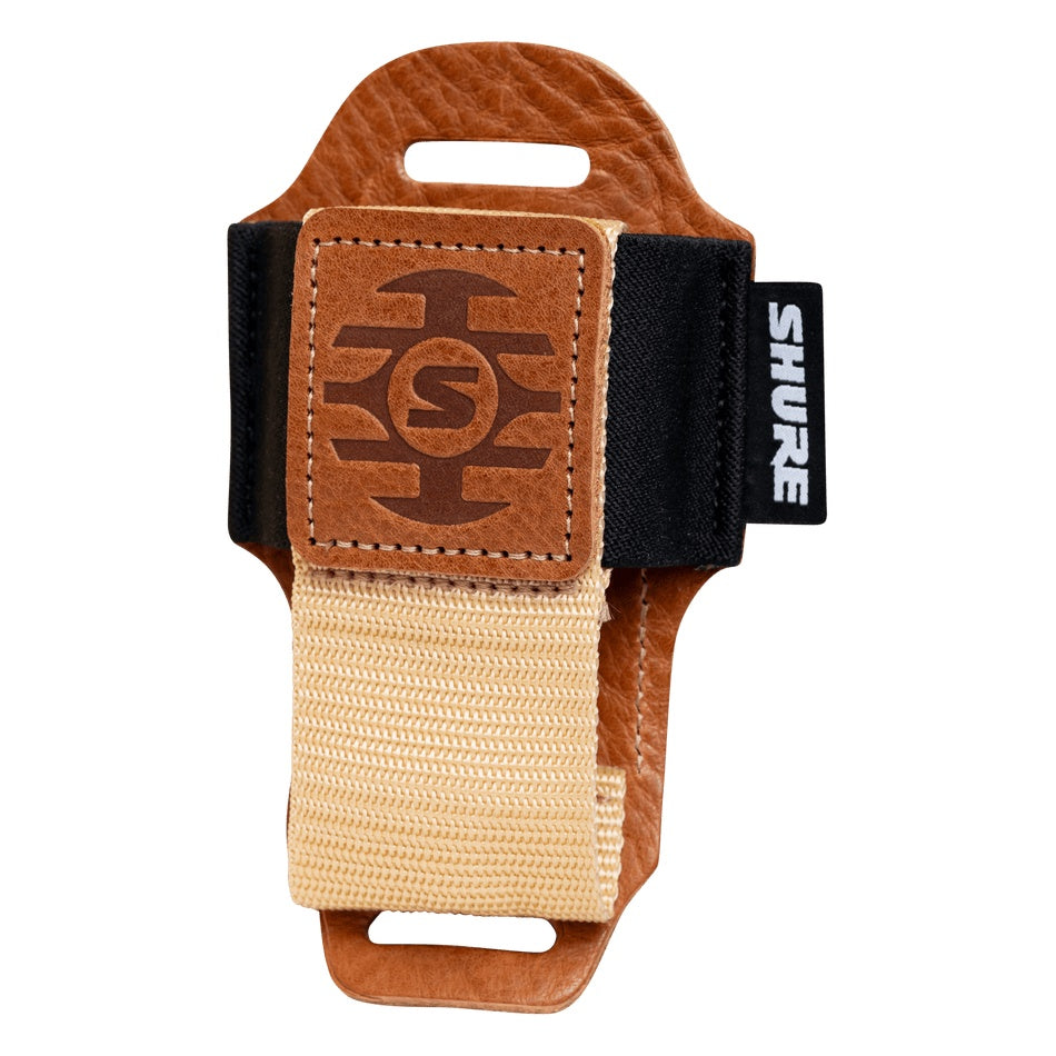SH-BODYPACK-PTN-L bodypack pouch empty angled view showing black elastic band, embossed leather logo patch and Shure woven label, Gator
