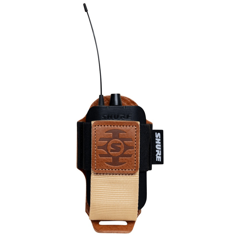 SH-BODYPACK-PTN-L bodypack pouch front view holding a black Shure wireless bodypack transmitter with antenna and knob visible above the strap, Gator