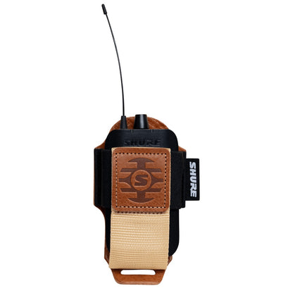 SH-BODYPACK-PTN-L bodypack pouch front view holding a black Shure wireless bodypack transmitter with antenna and knob visible above the strap, Gator