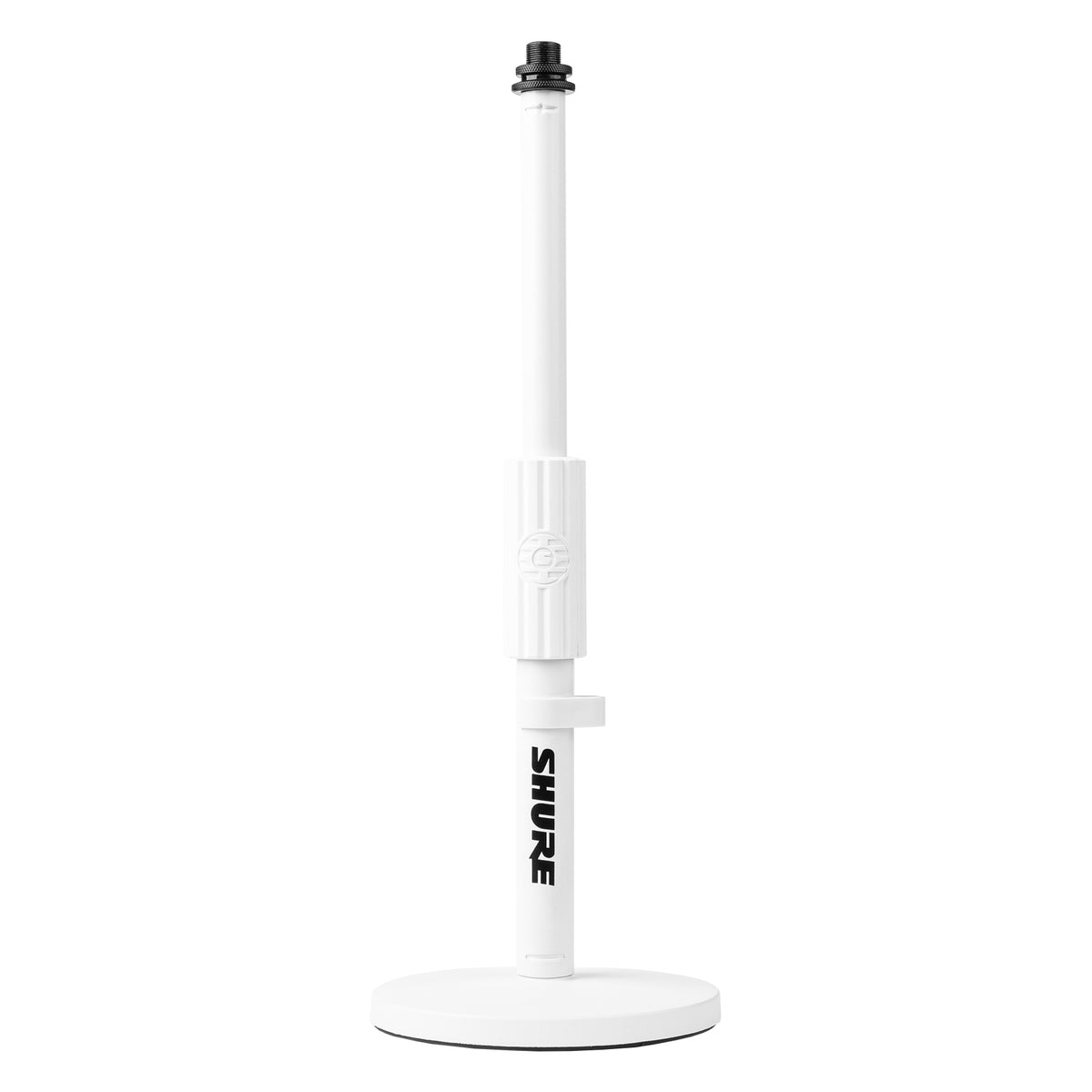 SH-DESKTOP1-W white desktop mic stand front view fully extended with round base and black threaded mic mount, Gator