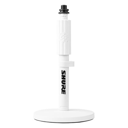 SH-DESKTOP1-W white desktop mic stand front view at lowest height with telescoping collar and Shure logo on shaft, Gator