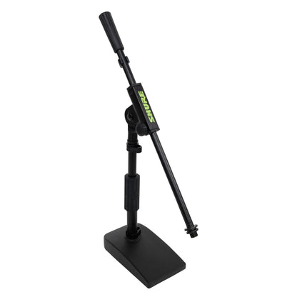 SH-DESKTOP2 desktop mic stand angled front view with boom arm raised high and green Shure logo on the boom clutch, Gator