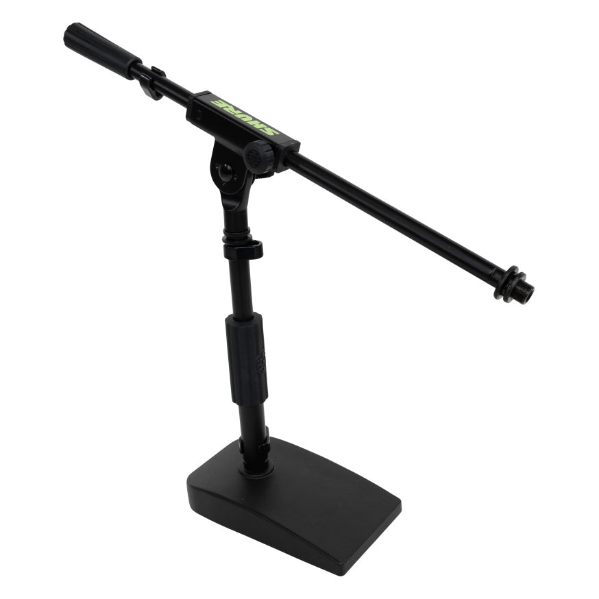 SH-DESKTOP2 desktop mic stand three-quarter view with boom arm extended horizontally over weighted rectangular base, Gator