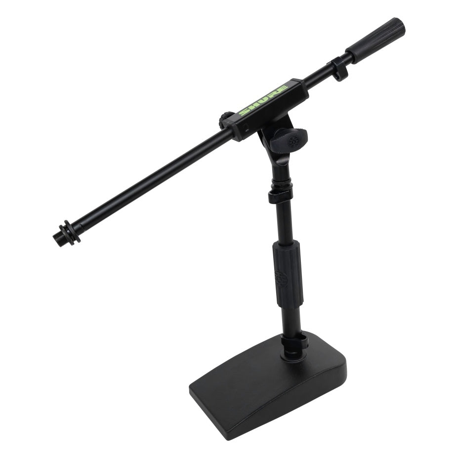 SH-DESKTOP2 desktop mic stand opposite side view showing boom arm pointing left, tightening knob and threaded mic mount end, Gator
