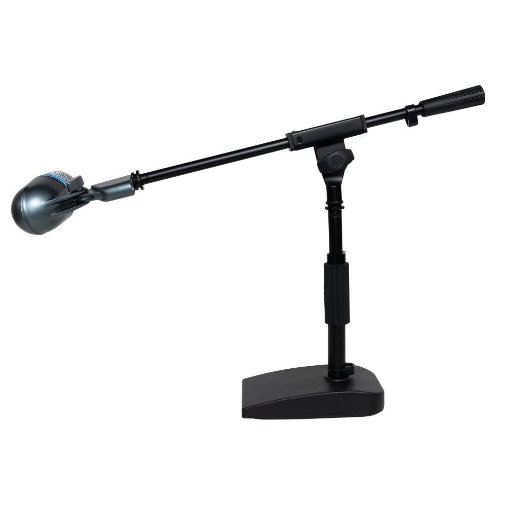 SH-DESKTOP2 desktop mic stand in use with a Beta-style kick drum microphone mounted on the low-angled boom arm, Gator